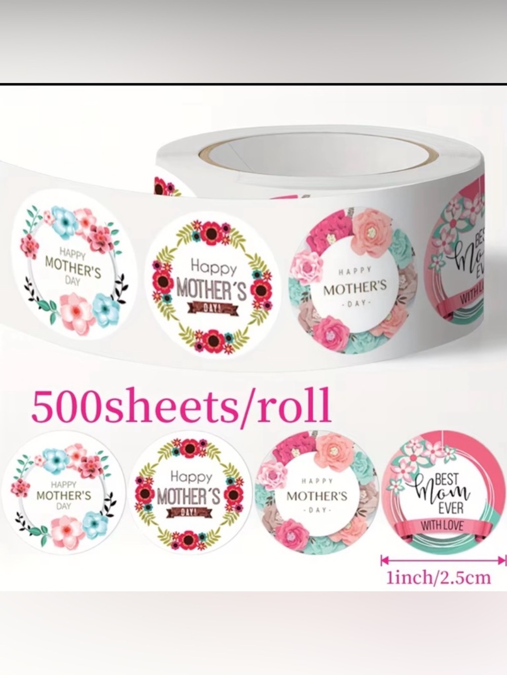 500 pcs/Roll • Mother's Day Gift Decoration Roll Stickers NIP - Picture 2 of 3